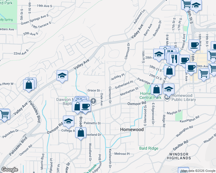 map of restaurants, bars, coffee shops, grocery stores, and more near 317 Dale Avenue in Homewood