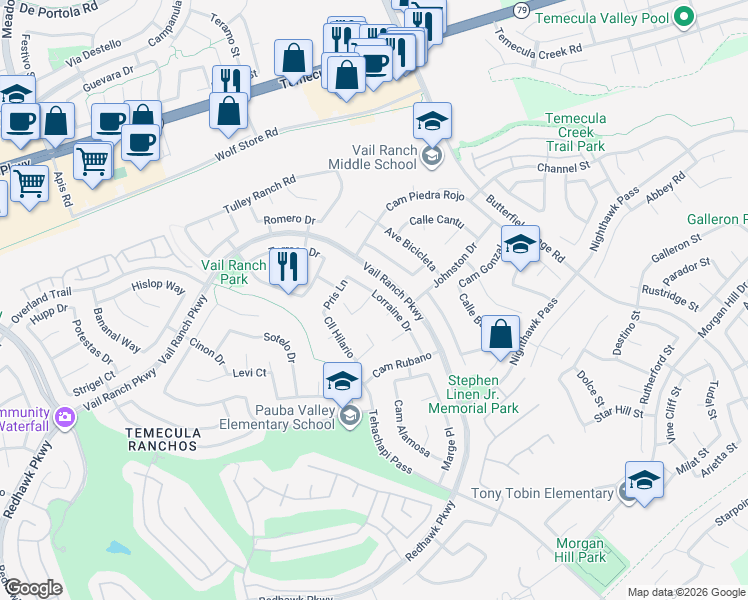 map of restaurants, bars, coffee shops, grocery stores, and more near 44677 Lorraine Drive in Temecula