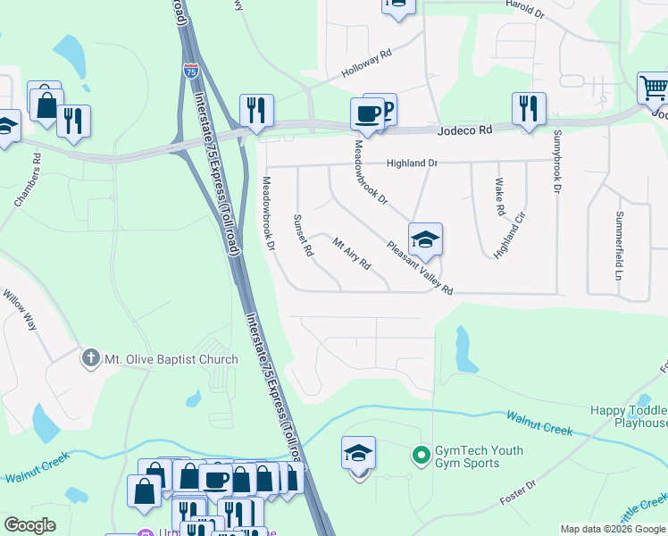 map of restaurants, bars, coffee shops, grocery stores, and more near 135 Sunset Road in McDonough