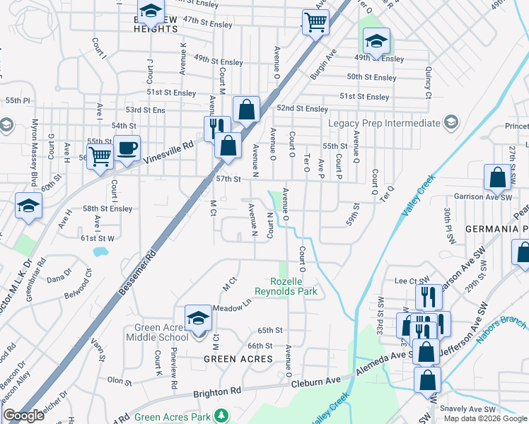 map of restaurants, bars, coffee shops, grocery stores, and more near 5813 Avenue North in Birmingham