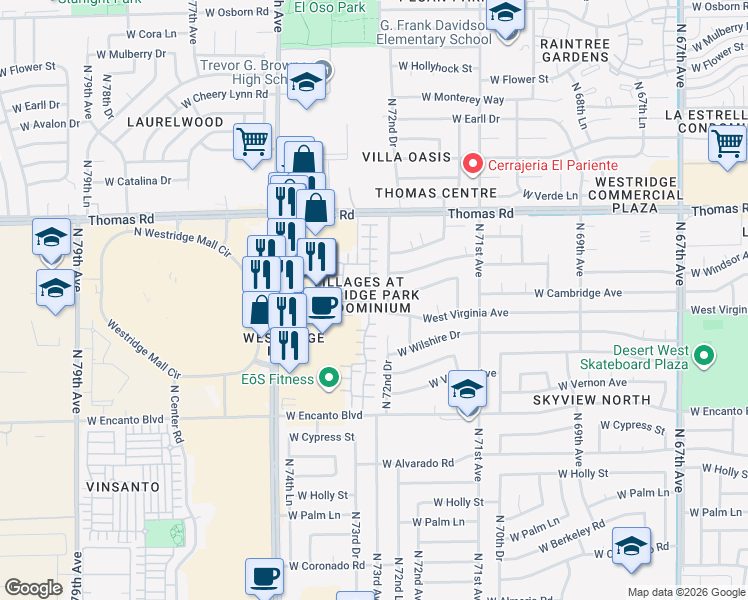 map of restaurants, bars, coffee shops, grocery stores, and more near 2625 North 73rd Drive in Phoenix