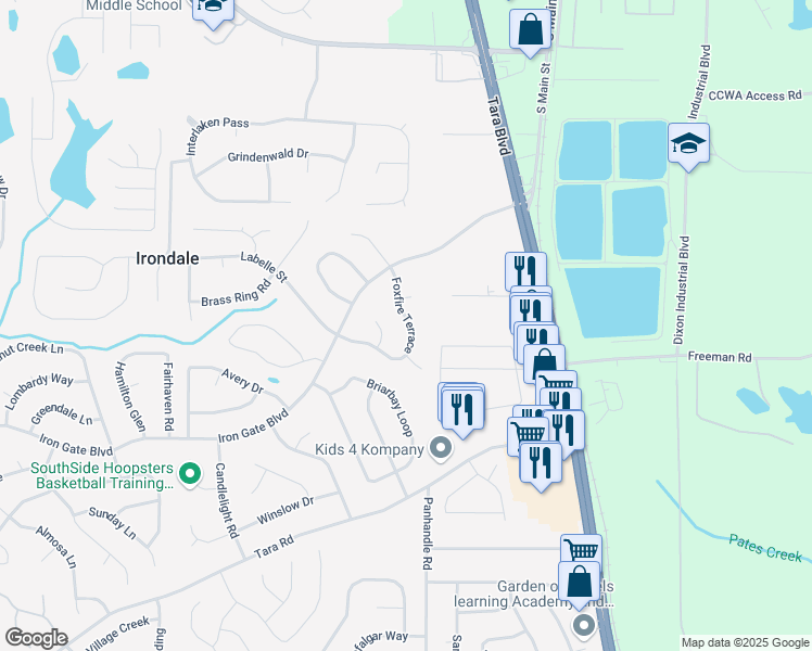 map of restaurants, bars, coffee shops, grocery stores, and more near 10185 Foxfire Terrace in Jonesboro