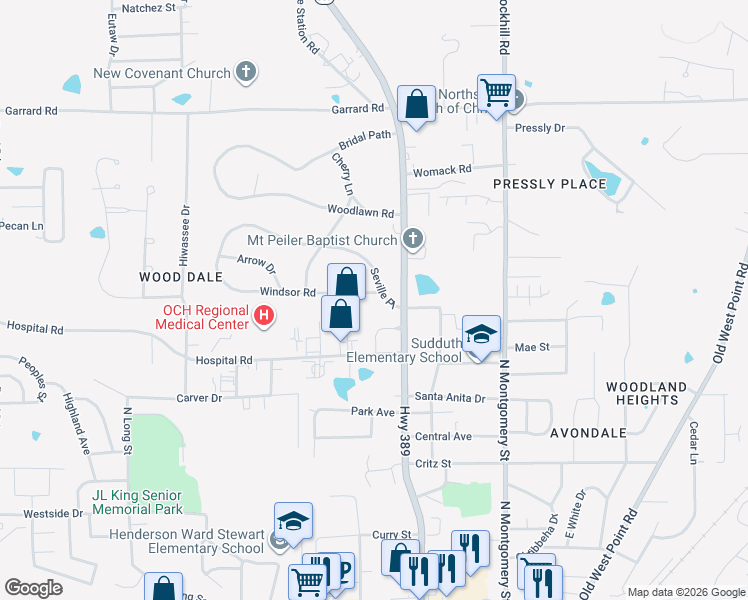 map of restaurants, bars, coffee shops, grocery stores, and more near 100 Windsor Road in Starkville