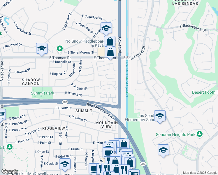 map of restaurants, bars, coffee shops, grocery stores, and more near 6664 East Virginia Street in Mesa