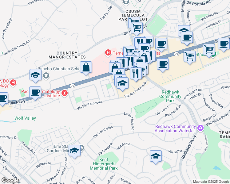 map of restaurants, bars, coffee shops, grocery stores, and more near 31651 Chelsea Way in Temecula
