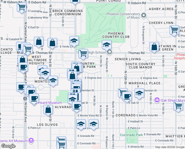 map of restaurants, bars, coffee shops, grocery stores, and more near 841 East Cambridge Avenue in Phoenix