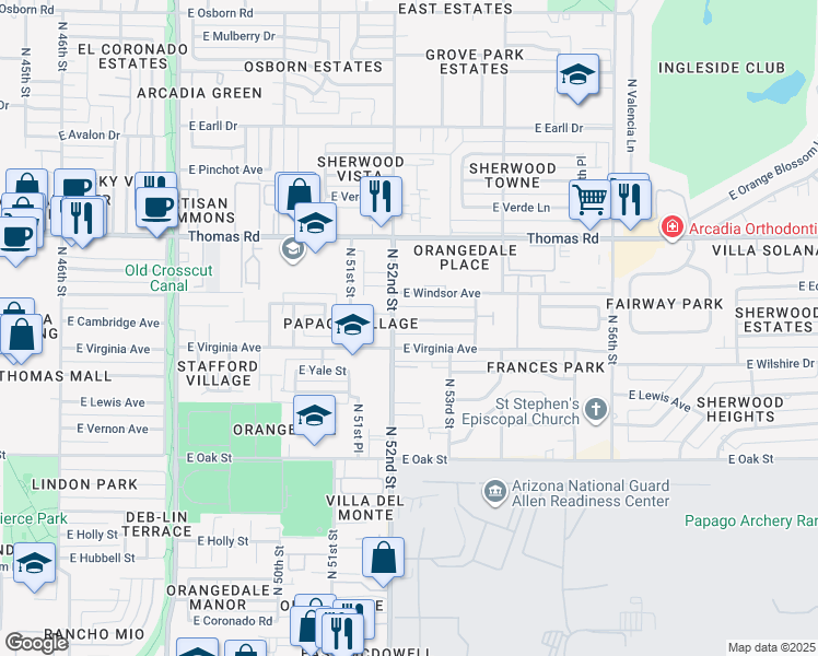 map of restaurants, bars, coffee shops, grocery stores, and more near 5211 East Cambridge Avenue in Phoenix