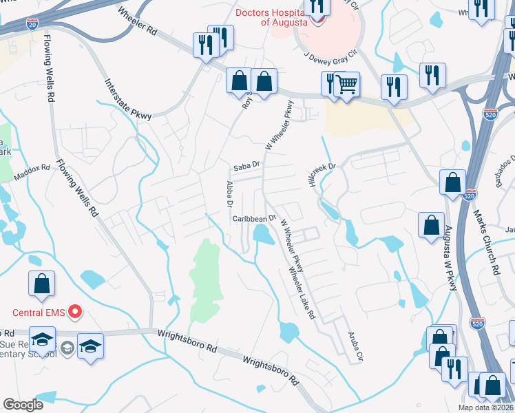 map of restaurants, bars, coffee shops, grocery stores, and more near 1031 Old Marks Drive in Augusta