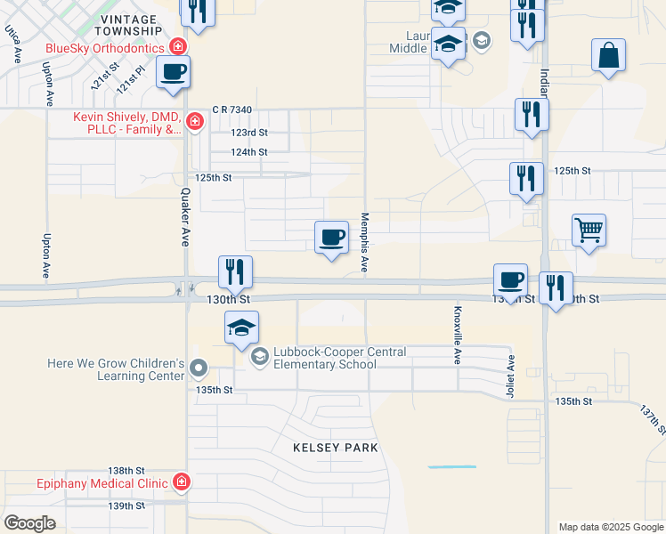 map of restaurants, bars, coffee shops, grocery stores, and more near 3814 130th Street in Lubbock