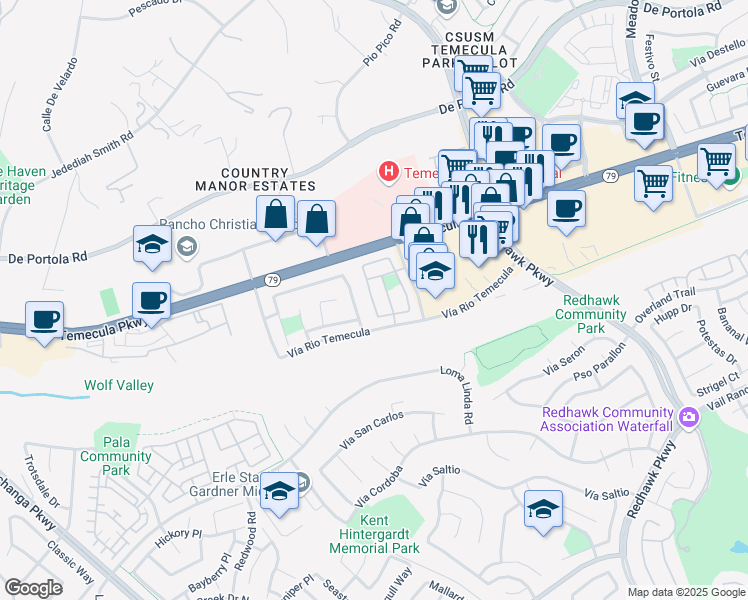 map of restaurants, bars, coffee shops, grocery stores, and more near 44682 Arbor Lane in Temecula