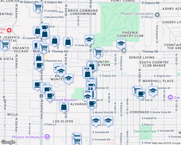 map of restaurants, bars, coffee shops, grocery stores, and more near 2611 North 7th Street in Phoenix
