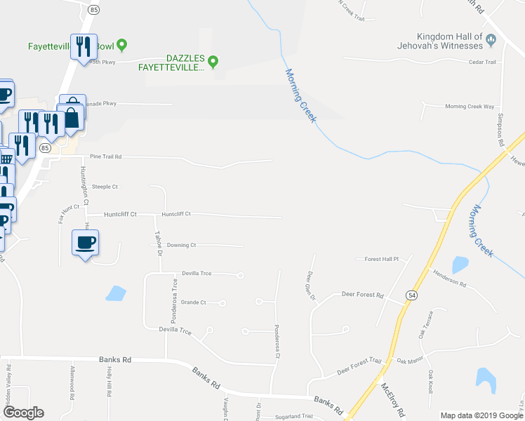 map of restaurants, bars, coffee shops, grocery stores, and more near 250 Huntcliff Court in Fayetteville