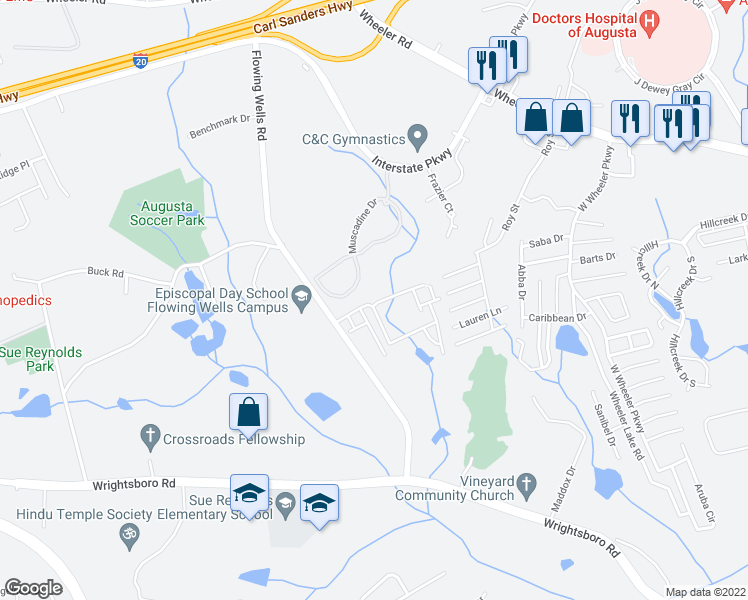 map of restaurants, bars, coffee shops, grocery stores, and more near 3201 Helena Springs Avenue in Augusta
