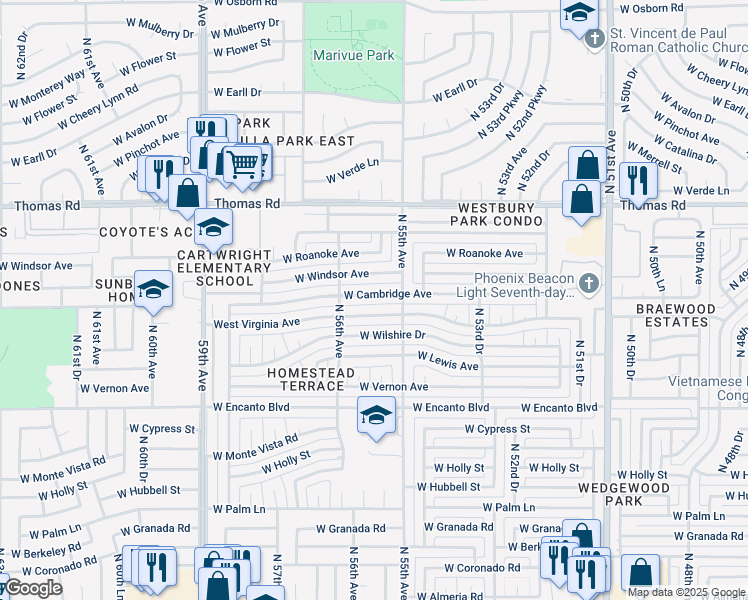 map of restaurants, bars, coffee shops, grocery stores, and more near 5521 West Cambridge Avenue in Phoenix