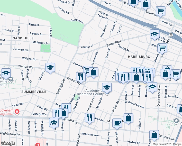 map of restaurants, bars, coffee shops, grocery stores, and more near 850 Hickman Road in Augusta