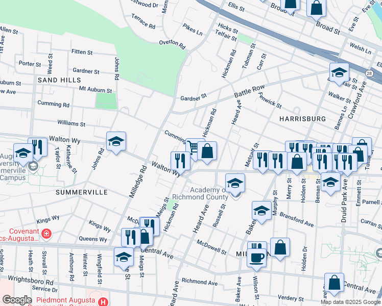 map of restaurants, bars, coffee shops, grocery stores, and more near 2122 Cumming Road in Augusta