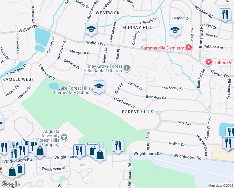 map of restaurants, bars, coffee shops, grocery stores, and more near 1234 Reid Road in Augusta