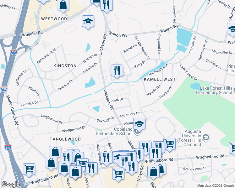 map of restaurants, bars, coffee shops, grocery stores, and more near 750 Courtview Drive in Augusta