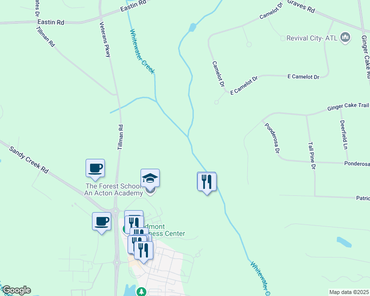 map of restaurants, bars, coffee shops, grocery stores, and more near 551 Veterans Parkway in Fayetteville