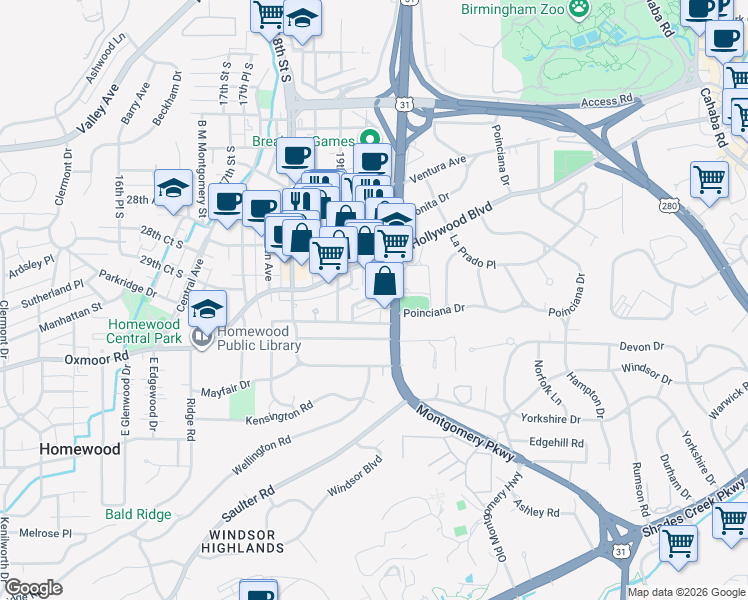 map of restaurants, bars, coffee shops, grocery stores, and more near 1905 Courtney Drive in Homewood