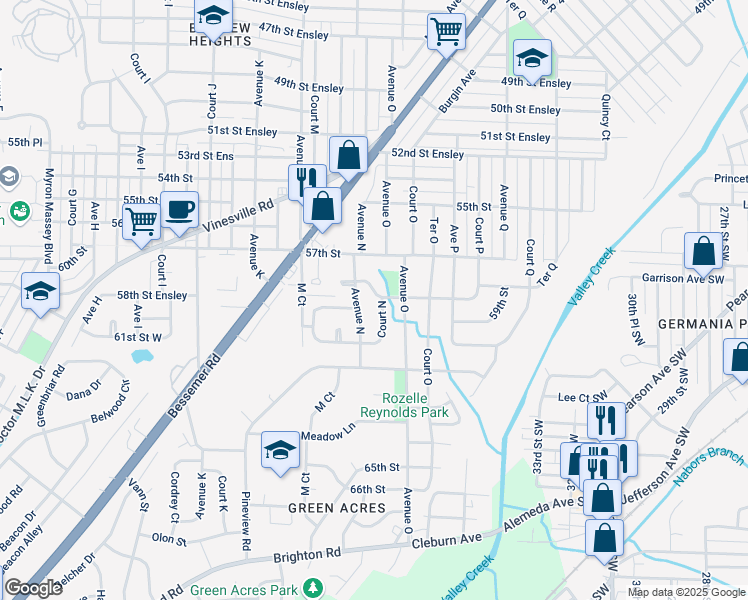 map of restaurants, bars, coffee shops, grocery stores, and more near 5813 Avenue North in Birmingham