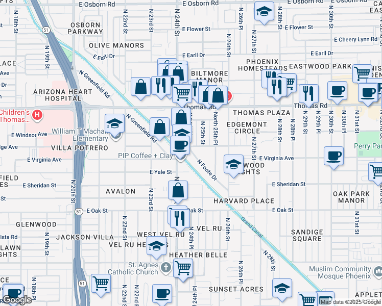 map of restaurants, bars, coffee shops, grocery stores, and more near 2644 North Foote Drive in Phoenix
