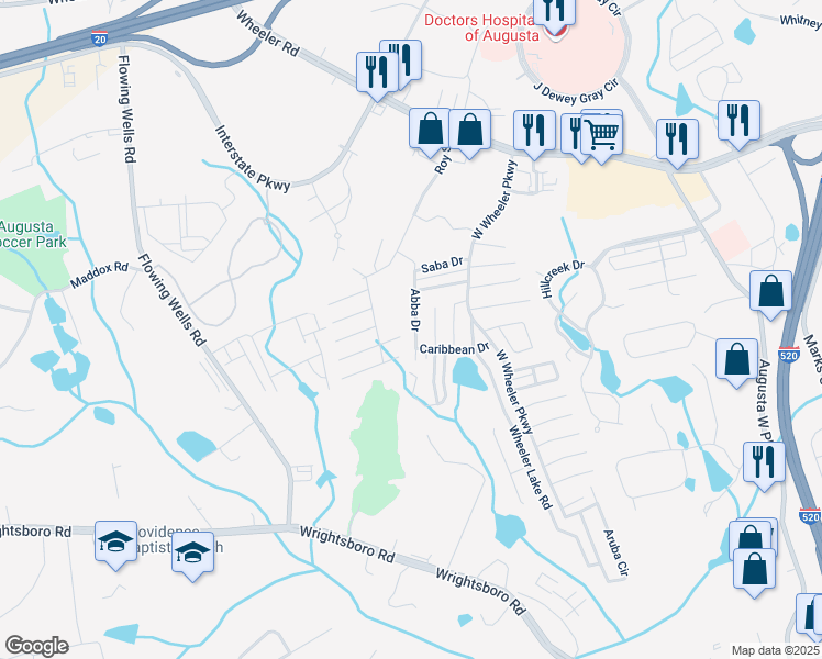 map of restaurants, bars, coffee shops, grocery stores, and more near 3049 Abba Drive in Augusta