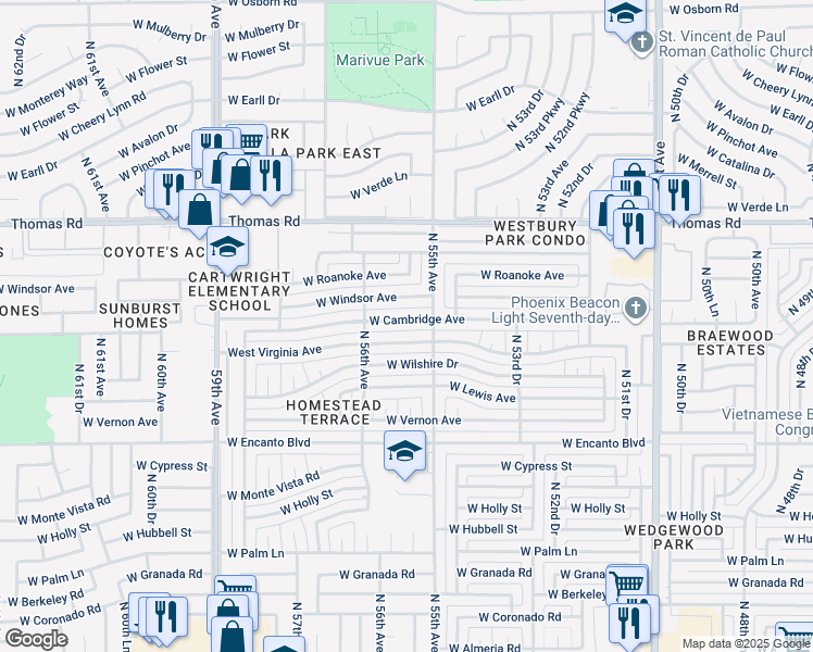 map of restaurants, bars, coffee shops, grocery stores, and more near 5521 West Cambridge Avenue in Phoenix