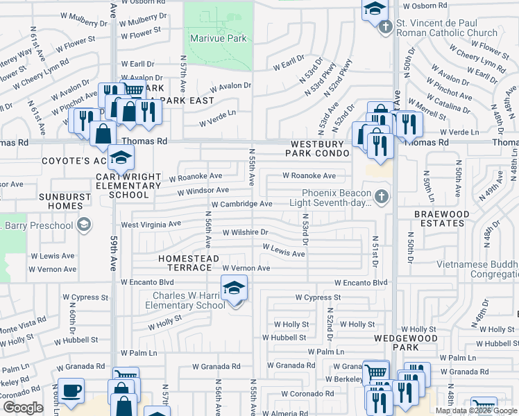 map of restaurants, bars, coffee shops, grocery stores, and more near 5457 West Cambridge Avenue in Phoenix