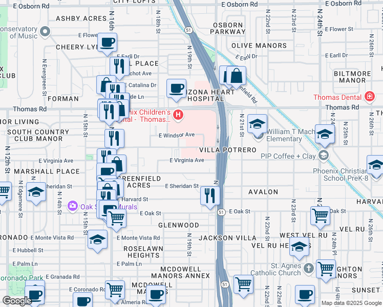 map of restaurants, bars, coffee shops, grocery stores, and more near 1919 East Cambridge Avenue in Phoenix