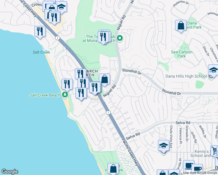 map of restaurants, bars, coffee shops, grocery stores, and more near 33501 Niguel Road in Dana Point