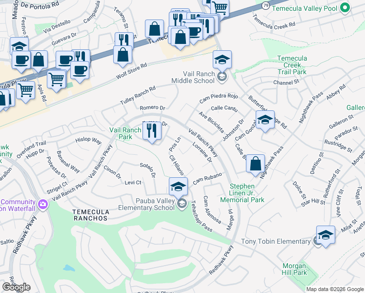 map of restaurants, bars, coffee shops, grocery stores, and more near 44694 Labeta Circle in Temecula