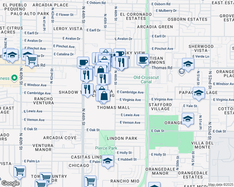 map of restaurants, bars, coffee shops, grocery stores, and more near 4601 East Cambridge Avenue in Phoenix