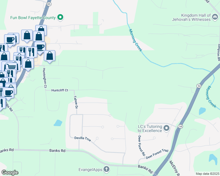 map of restaurants, bars, coffee shops, grocery stores, and more near 230 Huntcliff Court in Fayetteville
