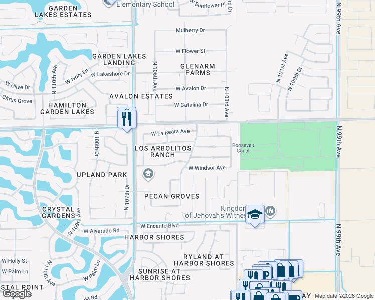 map of restaurants, bars, coffee shops, grocery stores, and more near 10506 West Roanoke Avenue in Avondale