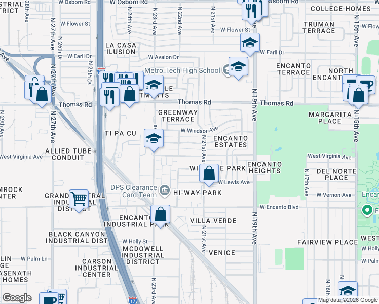 map of restaurants, bars, coffee shops, grocery stores, and more near 2126 West Virginia Avenue in Phoenix