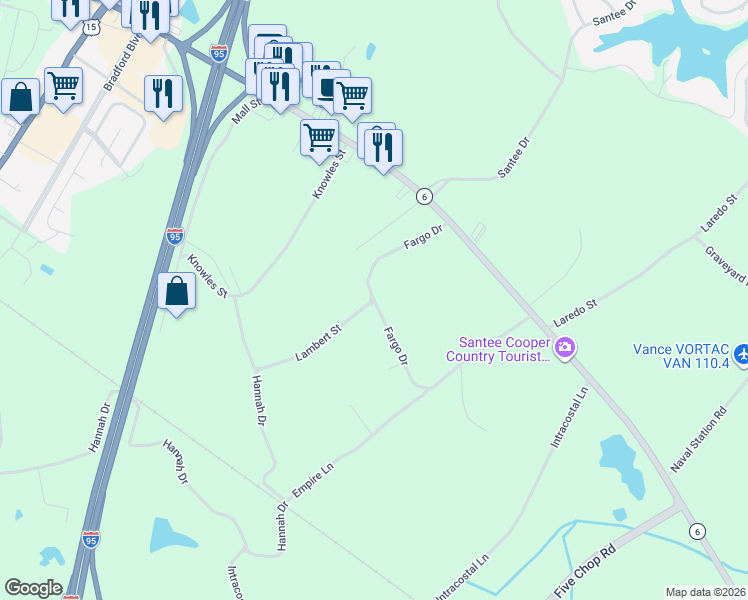 map of restaurants, bars, coffee shops, grocery stores, and more near 129 Fargo Drive in Santee