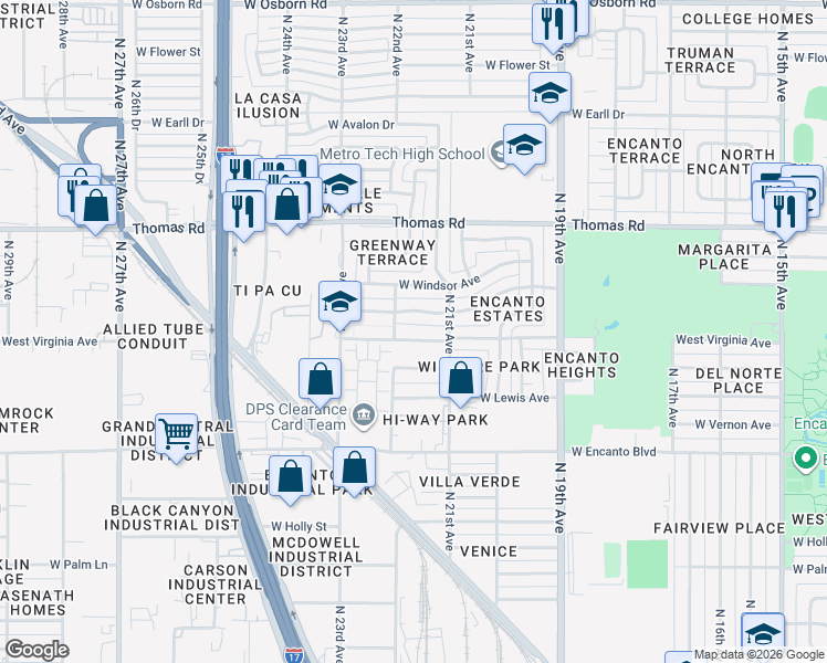 map of restaurants, bars, coffee shops, grocery stores, and more near 2126 Virginia Avenue in Phoenix