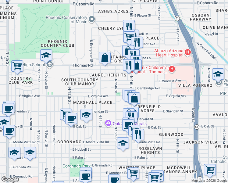 map of restaurants, bars, coffee shops, grocery stores, and more near 2606 North 15th Street in Phoenix