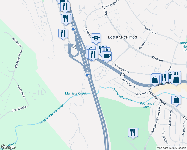 map of restaurants, bars, coffee shops, grocery stores, and more near 44705 La Paz Road in Temecula