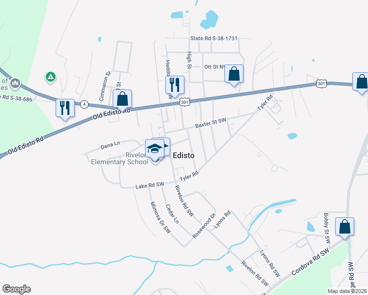 map of restaurants, bars, coffee shops, grocery stores, and more near 241 George Street Southwest in Orangeburg