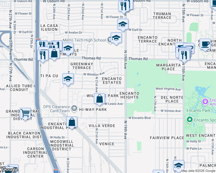 map of restaurants, bars, coffee shops, grocery stores, and more near 2602 North 20th Avenue in Phoenix
