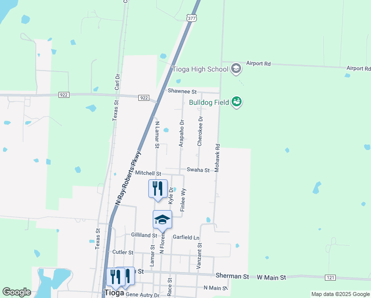 map of restaurants, bars, coffee shops, grocery stores, and more near 705 Arapaho Drive in Tioga