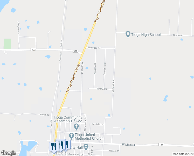 map of restaurants, bars, coffee shops, grocery stores, and more near 705 Arapaho Drive in Tioga