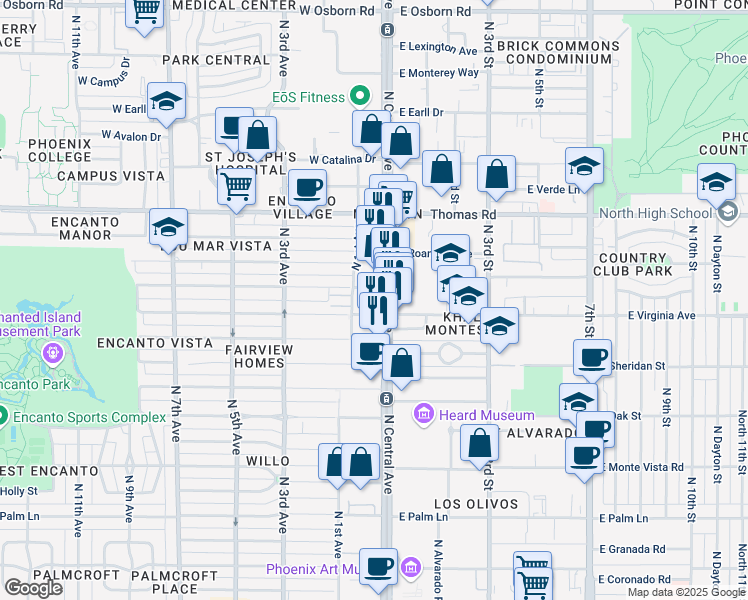 map of restaurants, bars, coffee shops, grocery stores, and more near 2600 North Central Avenue in Phoenix