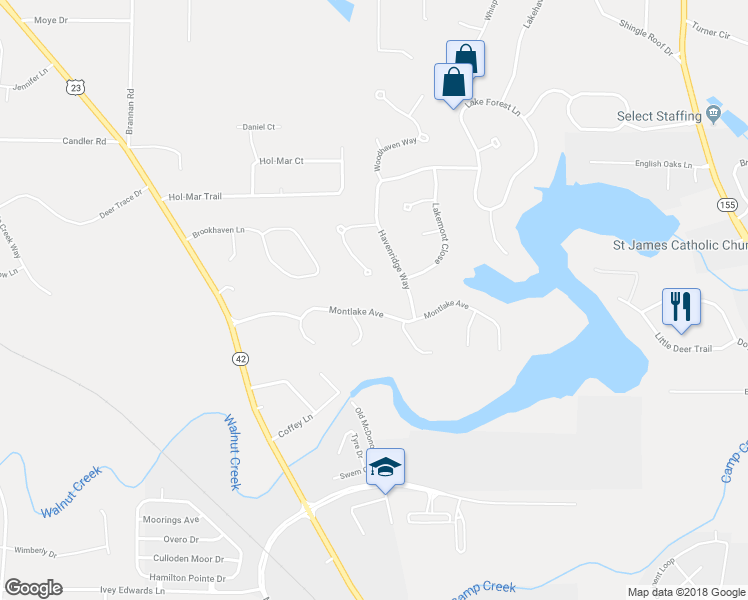 map of restaurants, bars, coffee shops, grocery stores, and more near 6160 Montlake Avenue in McDonough