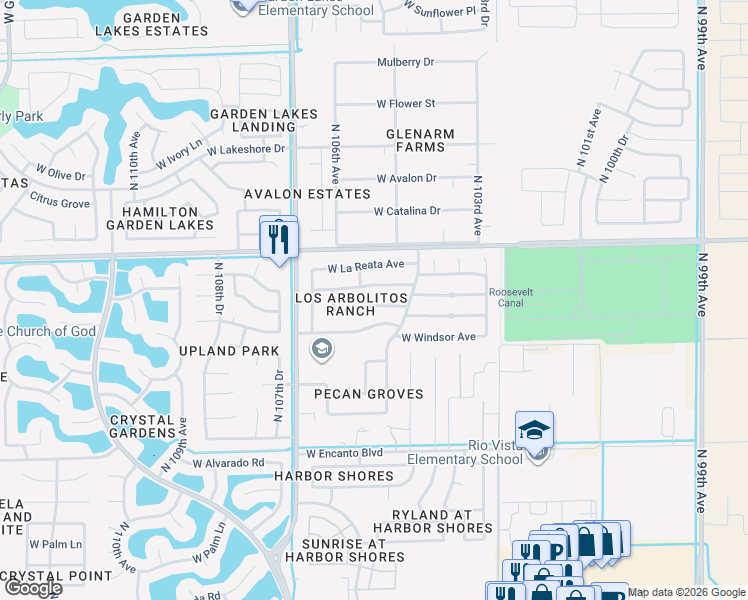 map of restaurants, bars, coffee shops, grocery stores, and more near 10534 West Roanoke Avenue in Avondale