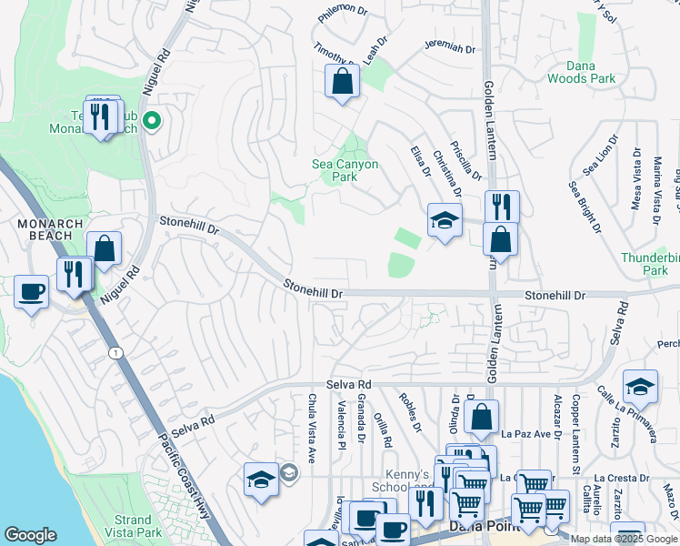 map of restaurants, bars, coffee shops, grocery stores, and more near 24341 De Leon Drive in Dana Point