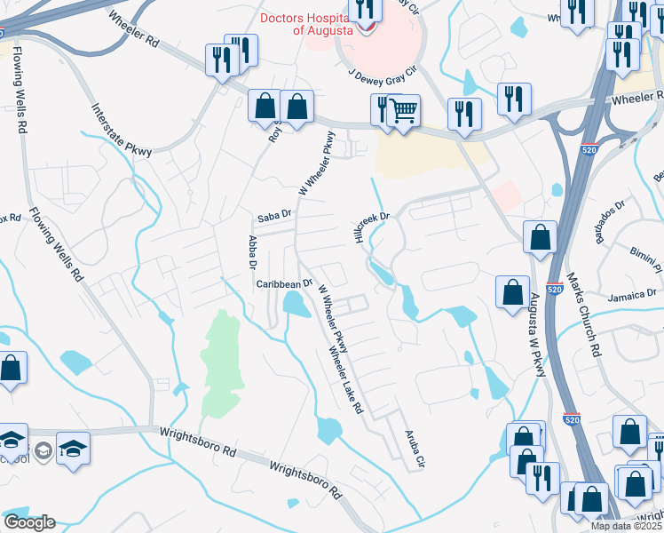 map of restaurants, bars, coffee shops, grocery stores, and more near 5010 Sanctuary Drive in Augusta