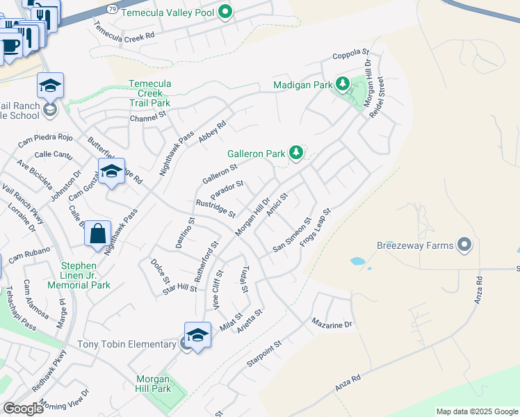 map of restaurants, bars, coffee shops, grocery stores, and more near Morgan Hill Drive in Temecula